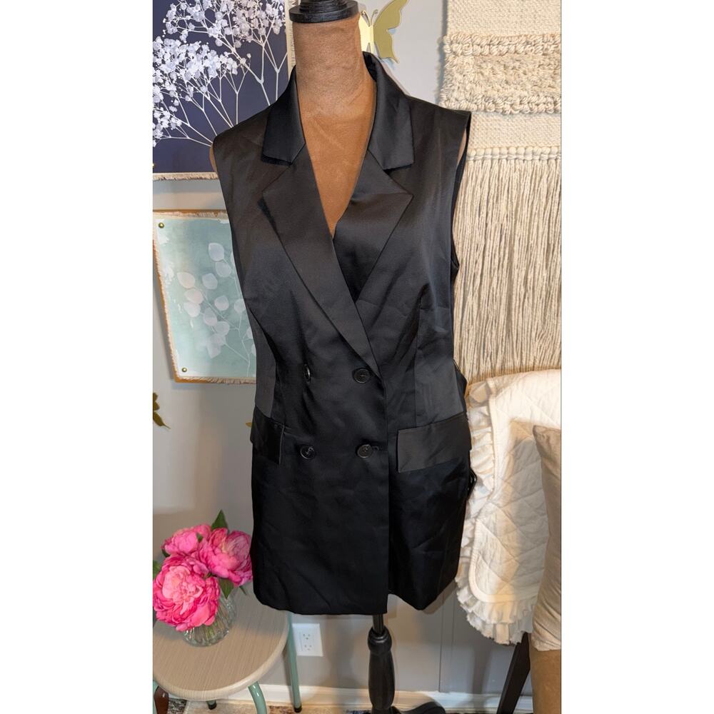 Express Black Satin-Look Double-Breasted Longline Vest – Medium – NWT - Picture 7 of 10